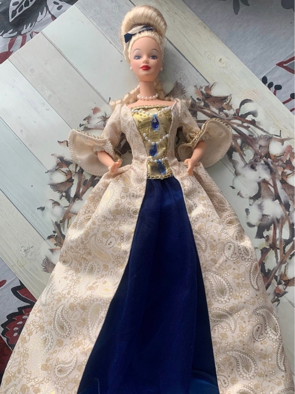 Barbie Blonde Ball Gown Doll with Pearl & Blue Teardrop Accents - Picture 5 of 5